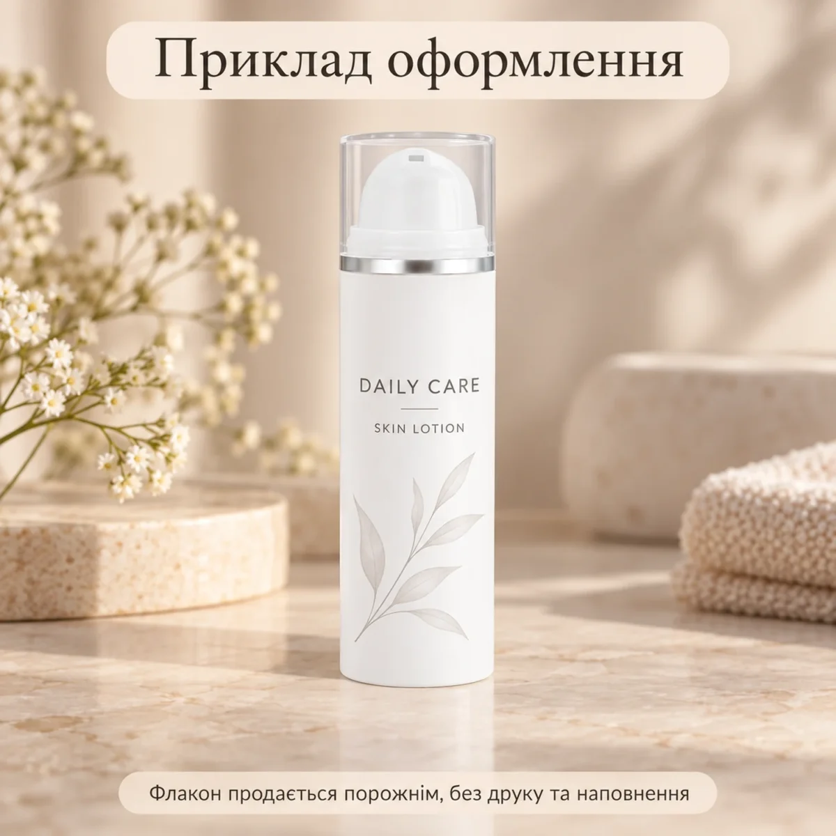 Флакон вакуумный для косметики 50 мл из PP, белый с серебристым ободком и дозатором — пример оформления, флакон продаётся пустым без печати