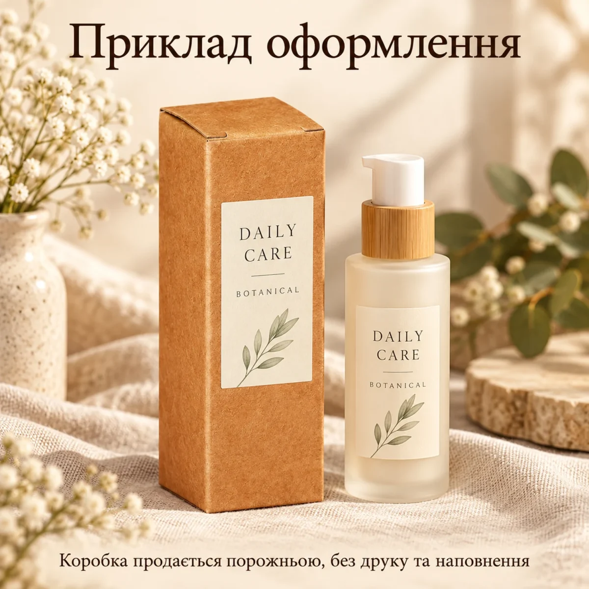 Коробка крафтовая складная 5 × 5 × 17 см для косметики и подарков, без печати — пример оформления, коробка продаётся пустой без печати