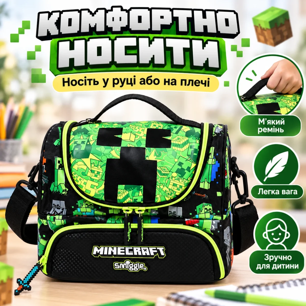 Детская термосумка для ланча Minecraft Smiggle 24,5×18×15,5 см, 2 отделения, плечевой ремень