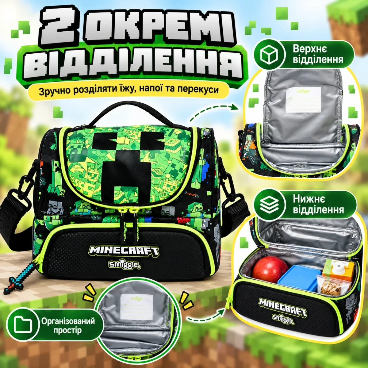Детская термосумка для ланча Minecraft Smiggle 24,5×18×15,5 см, 2 отделения, плечевой ремень
