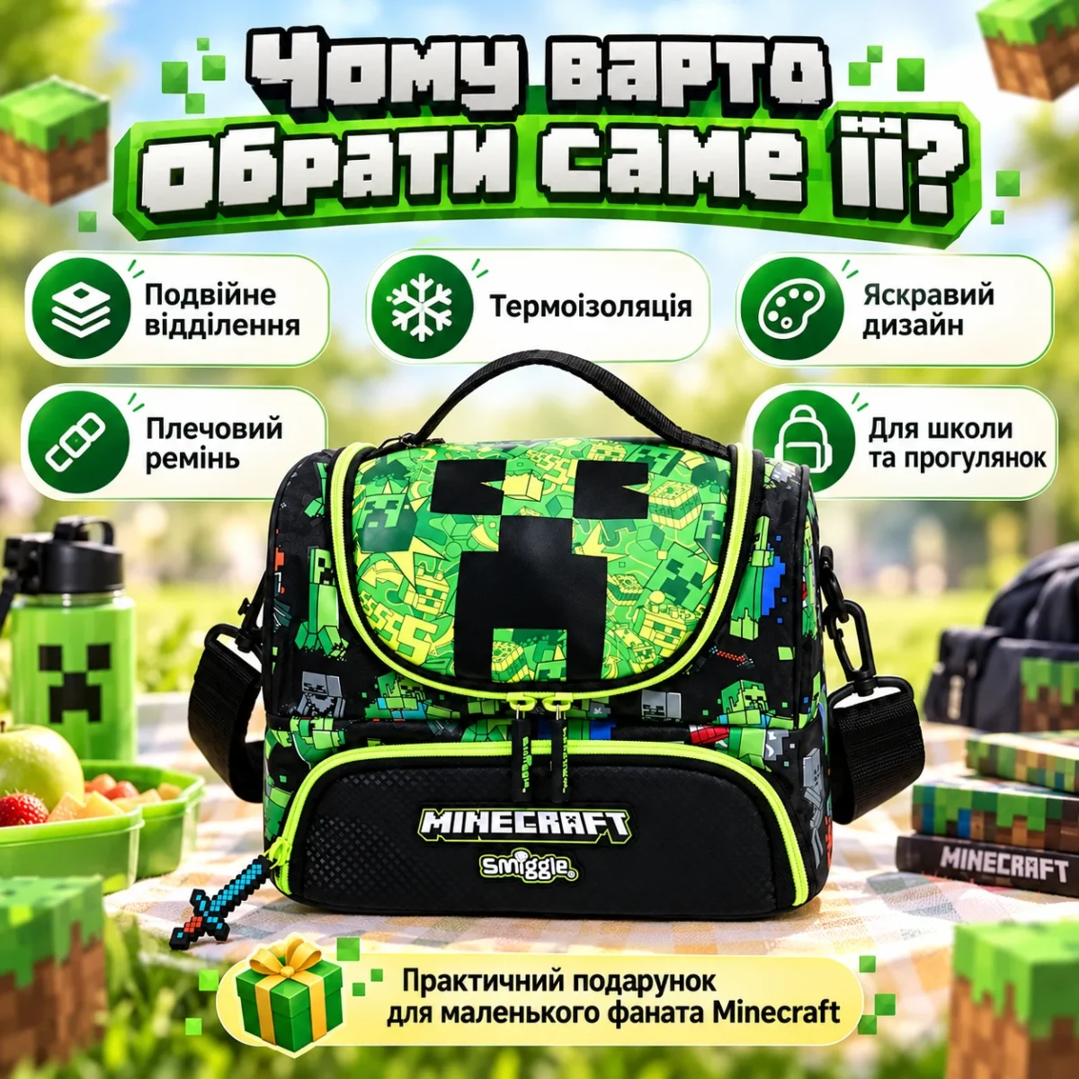 Детская термосумка для ланча Minecraft Smiggle 24,5×18×15,5 см, 2 отделения, плечевой ремень