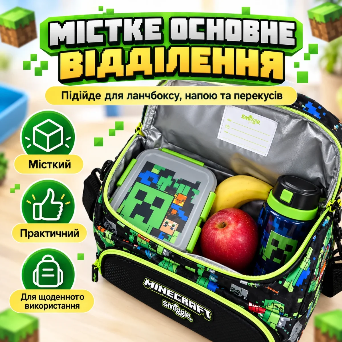Детская термосумка для ланча Minecraft Smiggle 24,5×18×15,5 см, 2 отделения, плечевой ремень