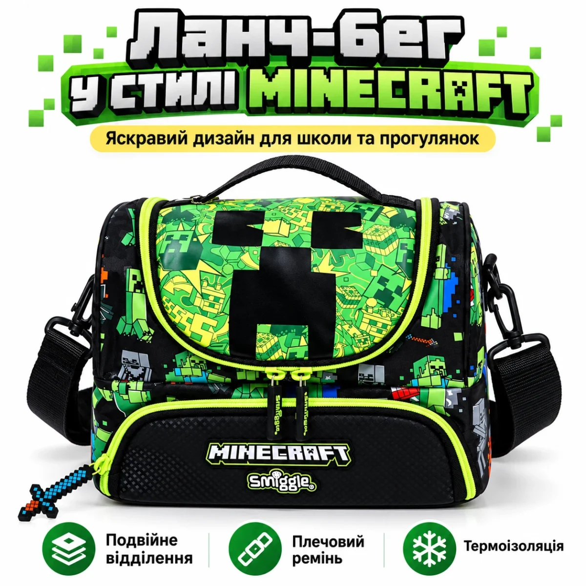 Детская термосумка для ланча Minecraft Smiggle 24,5×18×15,5 см, 2 отделения, плечевой ремень