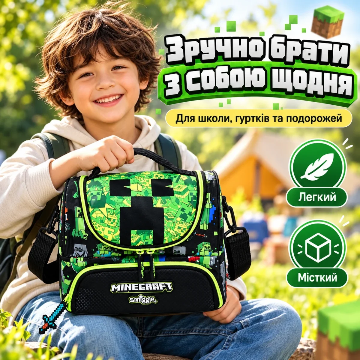 Детская термосумка для ланча Minecraft Smiggle 24,5×18×15,5 см, 2 отделения, плечевой ремень