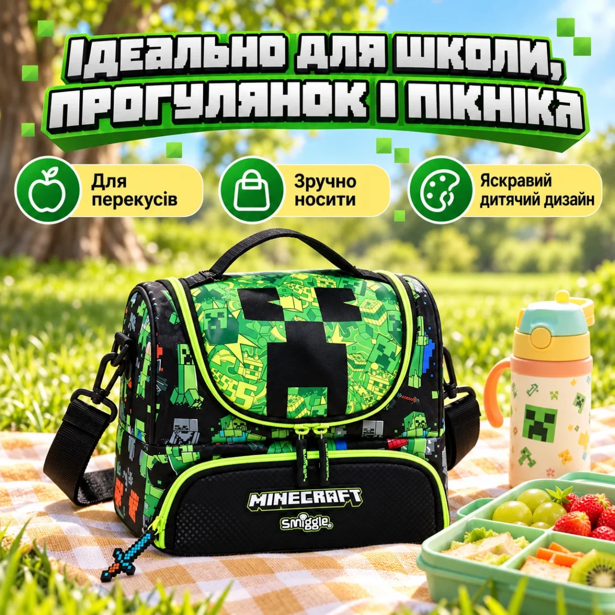 Детская термосумка для ланча Minecraft Smiggle 24,5×18×15,5 см, 2 отделения, плечевой ремень