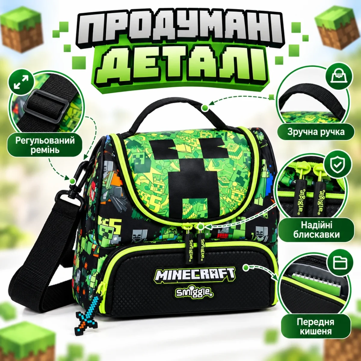 Детская термосумка для ланча Minecraft Smiggle 24,5×18×15,5 см, 2 отделения, плечевой ремень