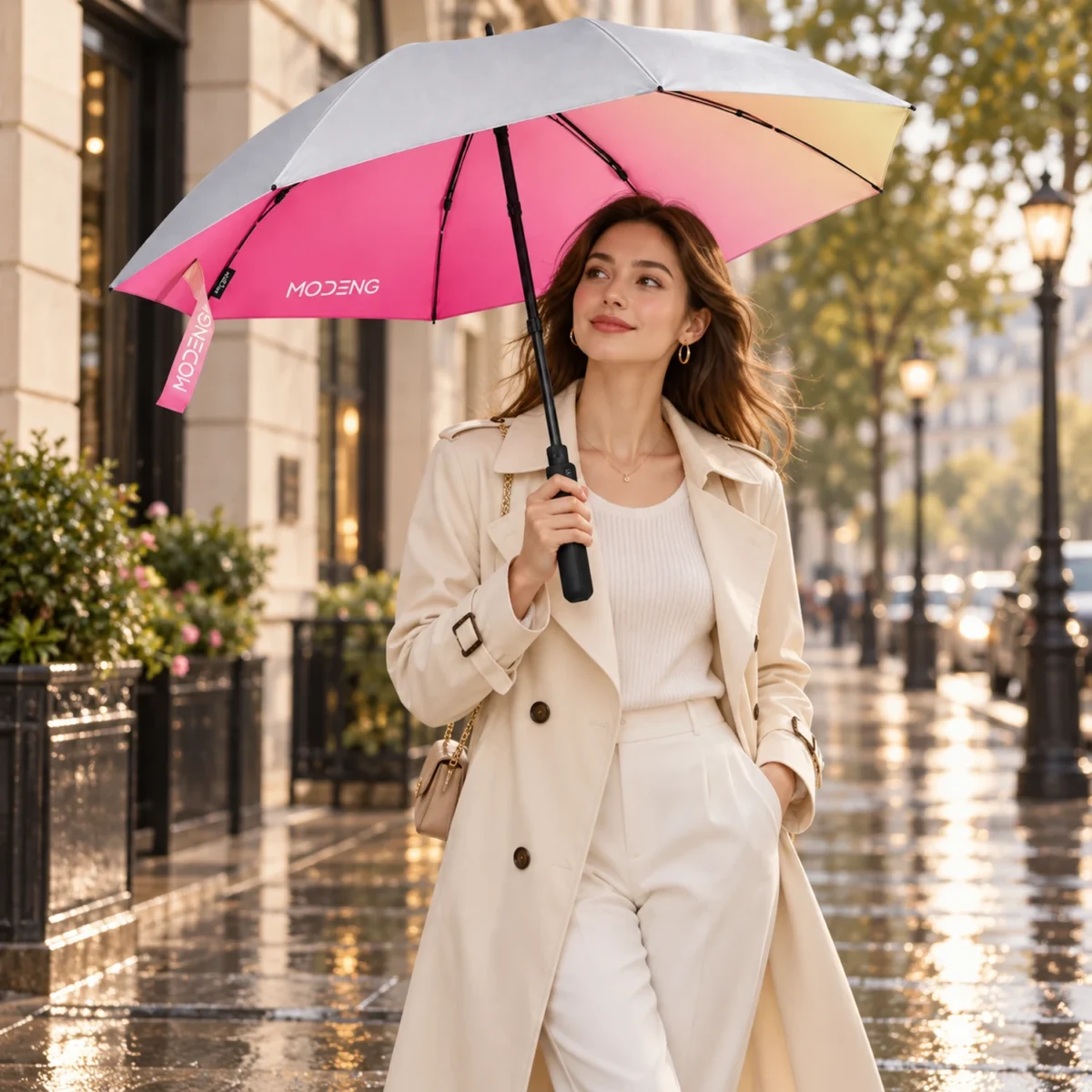 Magic Electric Umbrella 104-115 см | Автоматический зонт с электроприводом UPF50+/pink — Пример использования