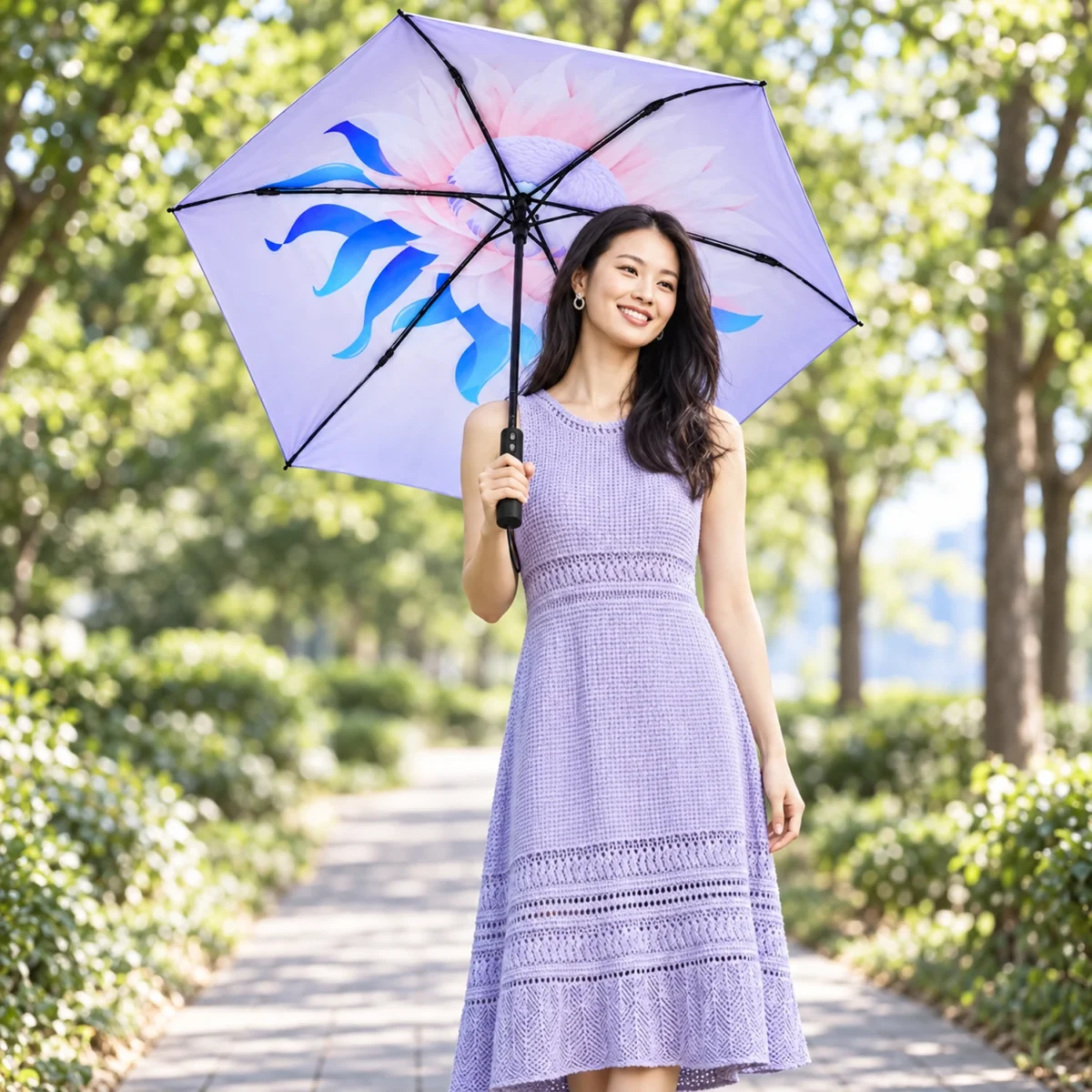 Magic Electric Umbrella 108 см | Автоматический зонт с электроприводом UPF50+ Фиолетовый цветочный 104 — Пример использования