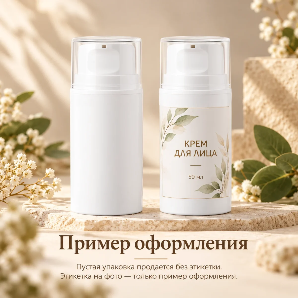 Вакуумный флакон для косметики 50 мл, белый PP, широкий, с нажимным дозатором и колпачком — пример оформления, флакон продаётся пустым без печати