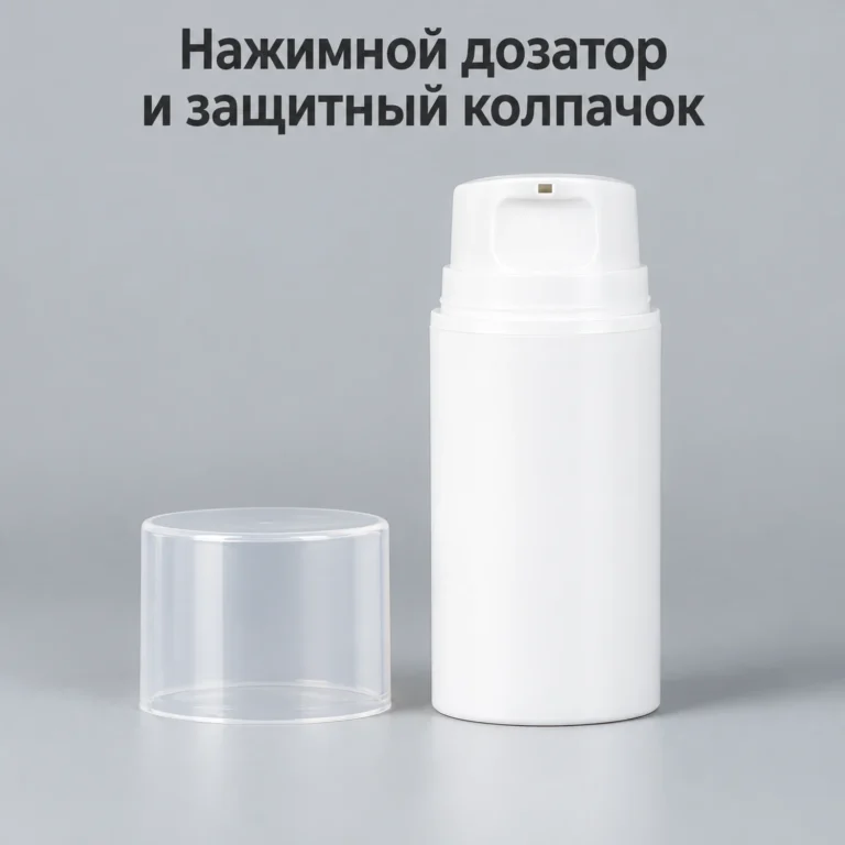 Вакуумный флакон для косметики 50 мл, белый PP, широкий, с нажимным дозатором и колпачком — open.webp